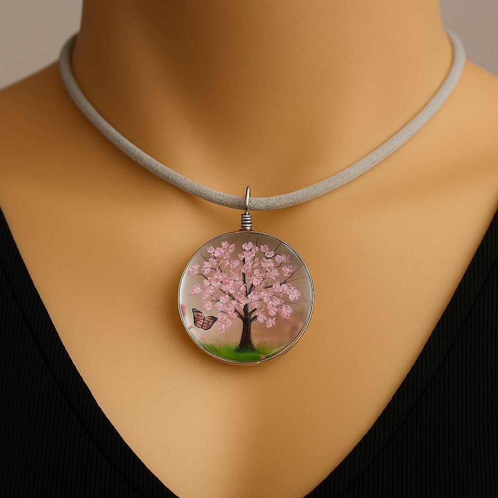 Circle Resin Pink Floral Tree Pendant Necklace 18" Gray Cord Fashion Jewelry